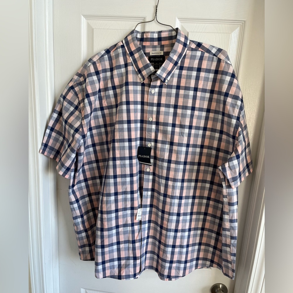 Jos. A. Bank button shirt, traditional fit, 4x, blue & mauve checkered, NWT, #18